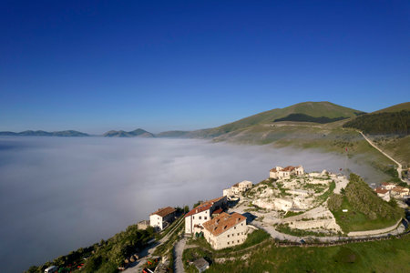 Aerial photographic documentation of the town of Castelluccio di Norcia Italy devastated by the earthquakeの写真素材