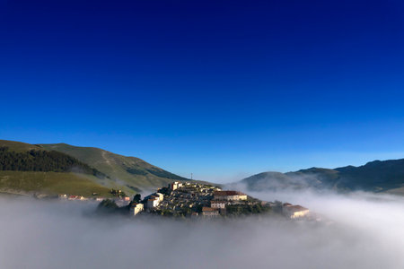 Aerial photographic documentation of the town of Castelluccio di Norcia Italy devastated by the earthquakeの写真素材