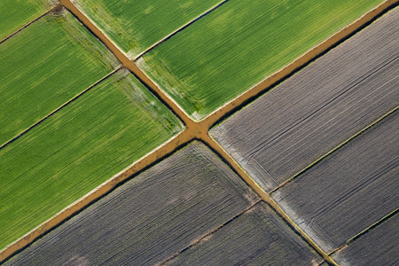 Aerial photographic documentation of the giometric shapes of the cultivated fieldsの写真素材