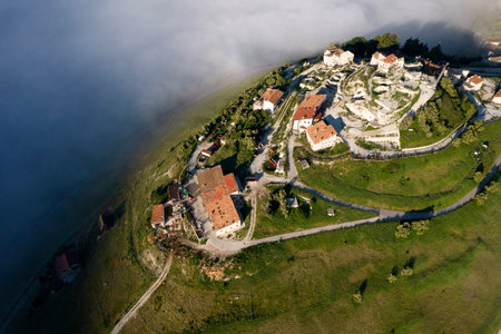 Aerial photographic documentation of the town of Castelluccio di Norcia Italy devastated by the earthquakeの写真素材