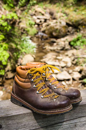Hiking shoes in the mountainsの写真素材