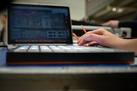 Sound recording studio mixing desk. Music mixer control panel. Closeup.の写真素材