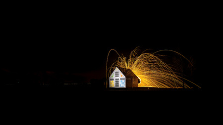 Rotating steel wool with sparkling burning sparks in the night with long exposure shutter...