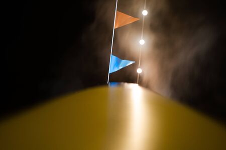 Steam coming out of the pipe of a vintage steamship at night, Sinterklaasの写真素材