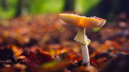 Magic shining light. Fantastic world of mushrooms. autumnal scene in forrest with atmospheric bright...