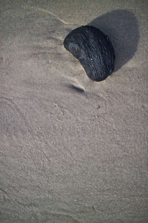 A black rock laying in the sand