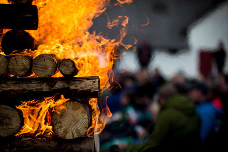 Closeup of wood being burnt at a campfireの写真素材