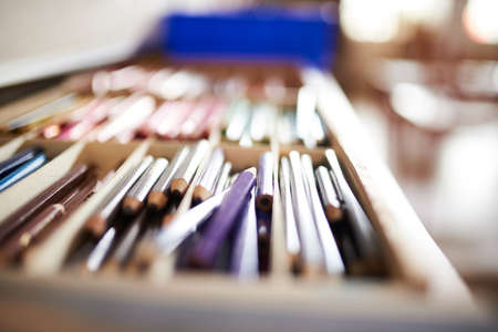 Closeup of colorful pencils at a schoolの写真素材