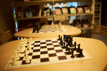 chess game at a table in a schoolの写真素材