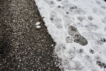 foot step in snow on streetの写真素材