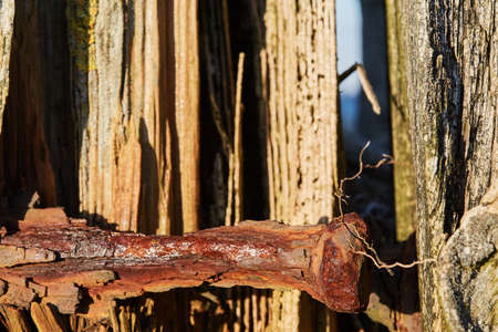 close up of old brown wood poles