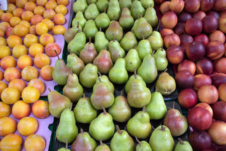 High angle view of f ruits on display on a market stall, London, UK.