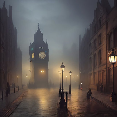 City streets at night covered in fog.の写真素材