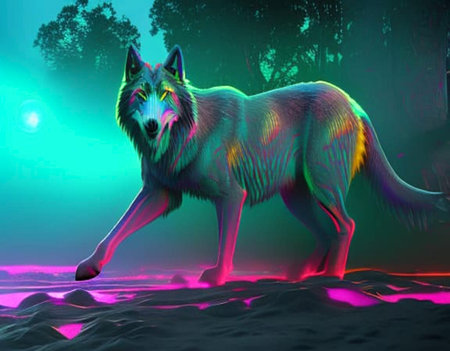 Neon iridescent psychedelic portrait of a wolf.の写真素材