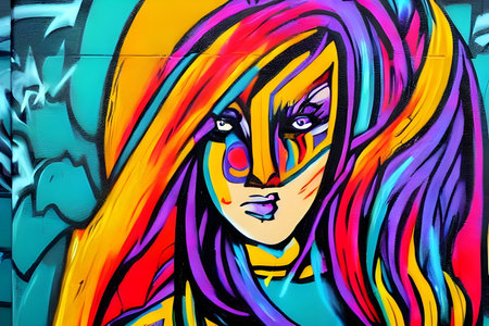 Portrait of a woman with colorful long hair. Generative AI.の素材