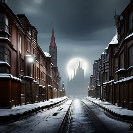 Enchanting Victorian City street covered with snow under moonlight.の素材