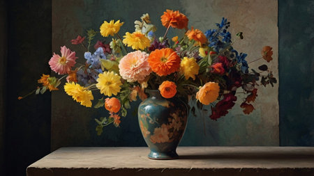 Elegant Floral Arrangement in Decorative Vase on Wooden Tableの写真素材