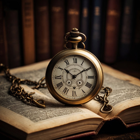 Antique Pocket Watch Placed On Open Book Surrounded by Classic Literatureの写真素材