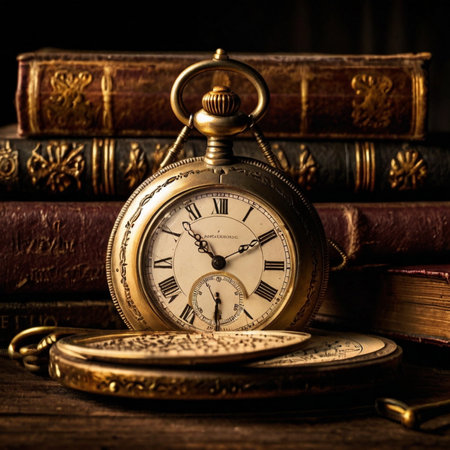 Antique Gold Pocket Watch Displayed Among Vintage Books in Rustic Settingの写真素材