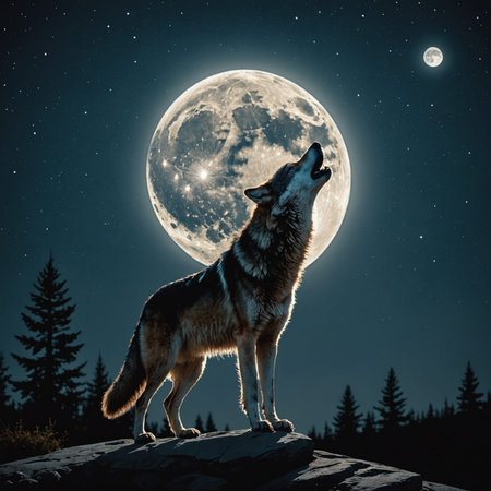 Solitary wolf howling under the full moon.