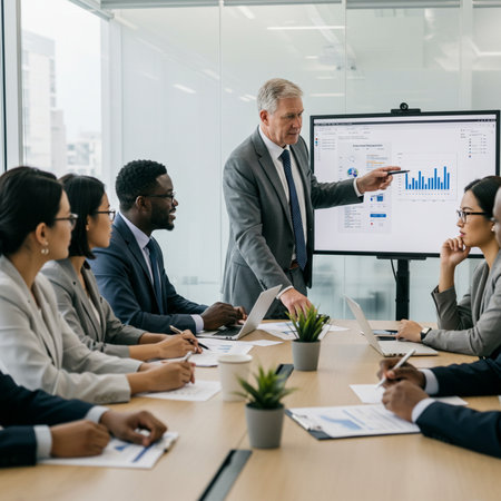 A group of professionals in a well-lit office meeting room analyzing data on a screen.の素材