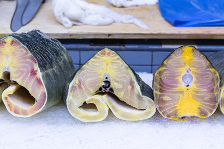 Long fin tuna slices on ice at the fish marketの写真素材
