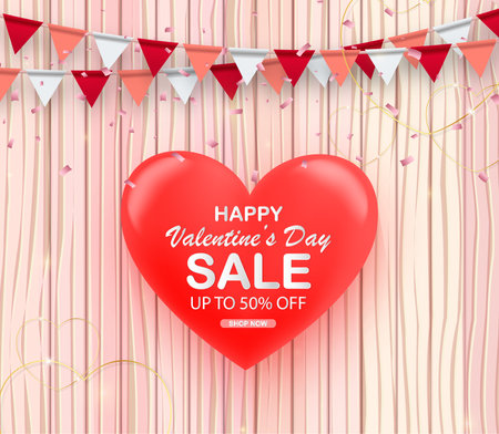 Valentine's Flags Garlands with 3d pink heart on pink background. Symbol the color Valentine's. Valentine's background with party flags. Vector illustration. Vector illustration EPのイラスト素材