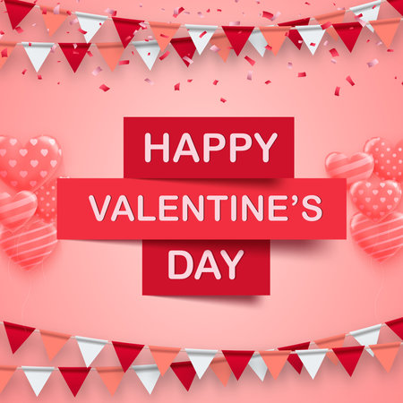 Happy Valentine's Day banner. Holiday background with a pink balloon. Vector illustration. Vector art and illustration of love and valentine. Vector symbols of love for Happy Womenのイラスト素材