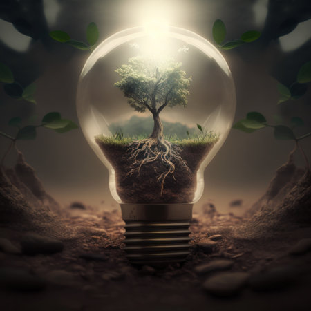 realistic 3D environment and Earthday concept. the lightbulb has a tree inside it. Lightbulb with a tree growing on it. The ecological notion of saving the earth. Generative Aiの素材