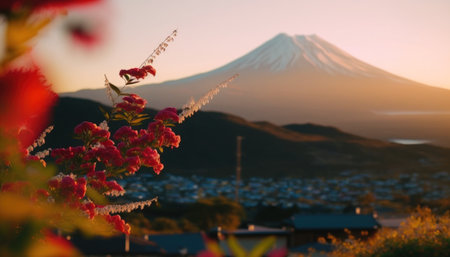 view of Mount Fuji with cherry blossom, and flowers at the lake in japan. Mount Fuji with cherry blossom, flowers at the lake in japan fuji mountain at viewpoint. Generative AIの素材