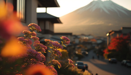 view of Mount Fuji with cherry blossom, and flowers at the lake in japan. Mount Fuji with cherry blossom, flowers at the lake in japan fuji mountain at viewpoint. Generative AIの素材