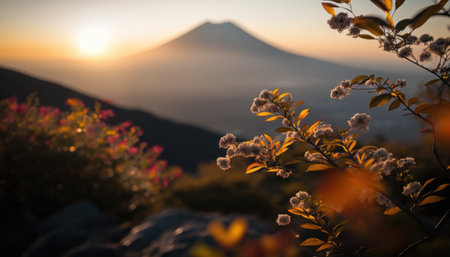 view of Mount Fuji with cherry blossom, and flowers at the lake in japan. Mount Fuji with cherry blossom, flowers at the lake in japan fuji mountain at viewpoint. Generative AIの素材