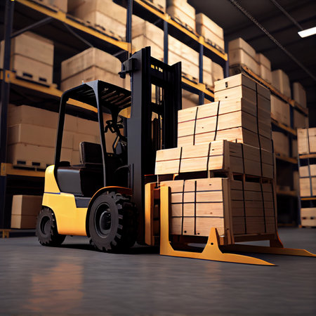Forklift loads pallets and boxes in a warehouse. A forklift loads pallets and boxes onto racks in a huge hangar or warehouse. Delivery. Logistics. Transportation. Generative AIの素材