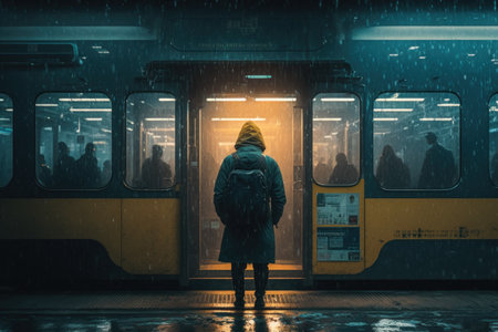 A man in a yellow hoodie and carrying a bag standing on the side of the bus in the rain. A man stands and looking the yellow bus in the rain in the urban city. Generative AIの素材