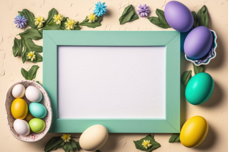 Top view, flat lay easter eggs with copy space center for text. Easter egg concept. Minimal.Happy Easter card with copy space for text. Happy Easter concept. Generative AIの素材