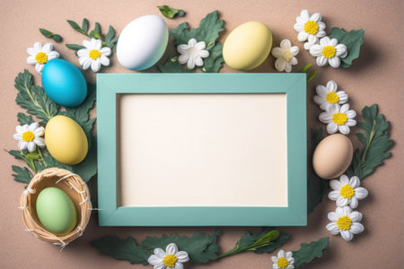 Top view, flat lay easter eggs with copy space center for text. Easter egg concept. Minimal.Happy Easter card with copy space for text. Happy Easter concept. Generative AIの素材