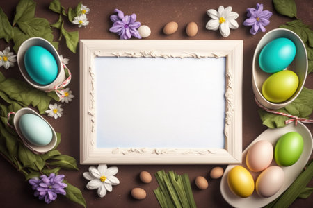 Top view, flat lay easter eggs with copy space center for text. Easter egg concept. Minimal.Happy Easter card with copy space for text. Happy Easter concept. Generative AIの素材