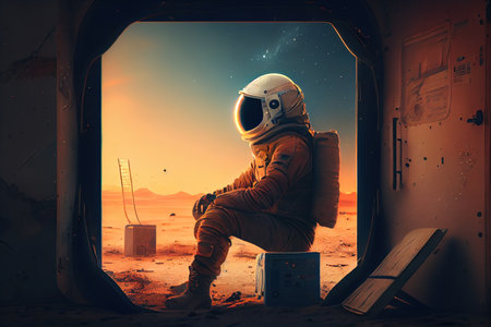 An astronaut sitting on a chair crashed spaceship outside the barren star, A futuristic crashed spaceship in the barren star. Generative AIの素材