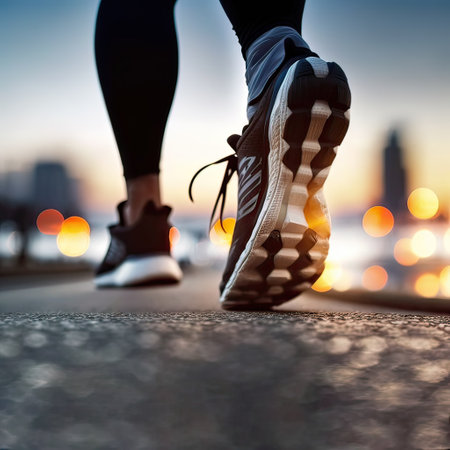 Close-Up of a Runner's Shoe in Action. one foot on the ground firmly, and the other side lifted to prepare to rise and soar, running. Non-existent person. Generative AIの素材