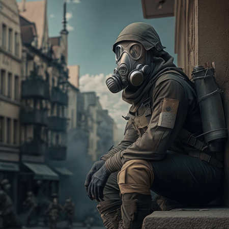 cyborg soldier with a gas mask in an old town. armed soldier with gas mask wearing a camouflage uniform. Non-existent person. Generative AIの素材
