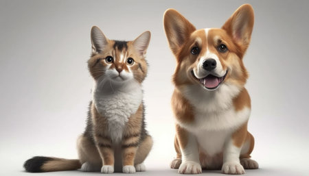 Cat and dog on pastel pink background. Portraits of beautiful lovely pets. cat and puppy. Beautiful portrait of adorable pets. Generative aiの素材