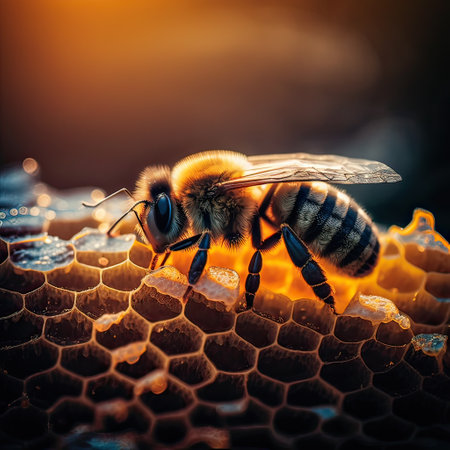 A honey bee works in a beehive on honeycombs. Close-up, selective focus. Close-up view of the working bees on honey cells. bee on honeycomb. Generative Aiの素材
