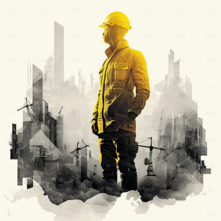 Building construction worker engineering project devotion with double exposure design. Building engineer, and architect with modern technology. Non-existent person. Generative Aiの素材