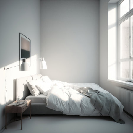 Modern bedroom interior in the morning. Elegant minimalist bedroom interior with a platform bed. Generative Aiの素材