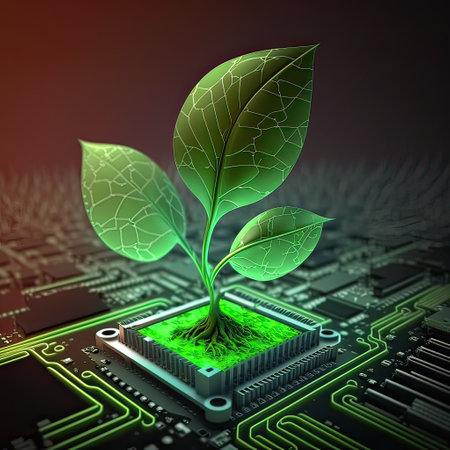 Growing tree on the converging point of acomputer circuit board. Nature with Digital Convergence and Technological Convergence. Generative Aiの素材