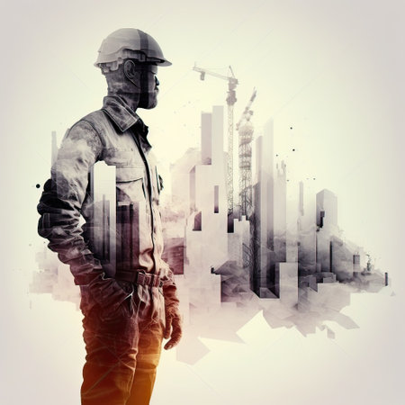 Building construction worker engineering project devotion with double exposure design. Building engineer, and architect with modern technology. Non-existent person. Generative Aiの素材