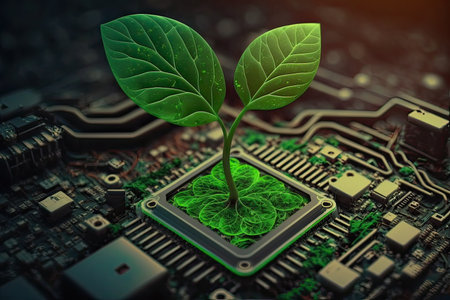 Growing tree on the converging point of acomputer circuit board. Nature with Digital Convergence and Technological Convergence. Generative Aiの素材