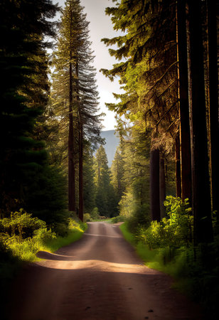 Road Through Country Side. Curvy gravel road through the evergreen pine forest. Green hedges and tall trees on both sides forming a roof above the road. Generative Aiの素材