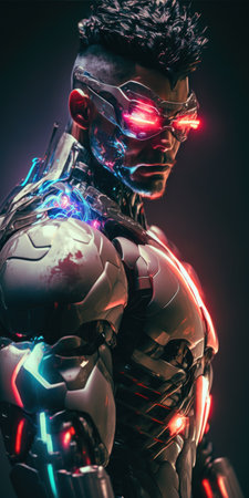 Portrait of a young cyborg man with futuristic color metal virtual reality glasses, cyborg man Augmented Reality, and futuristic vision 3d. Non-existent person. Generative AIの素材