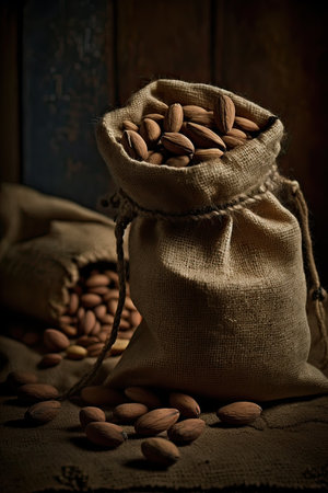 Roasted coffee beans falling in a burlap sack. Sackcloth bag with coffee beans.coffee beans in a bag. Generative Aiの素材